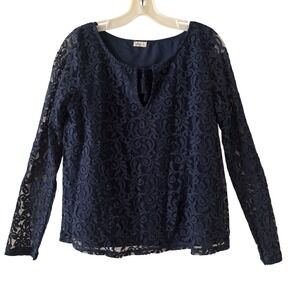 Hollister Navy Blue Floral Lace Long Sleeve Size Medium Keyhole Tassel Blouse